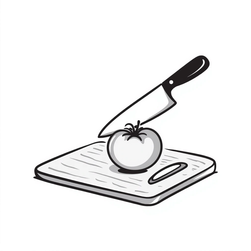 hand-drawn kitchen knife cutting a fresh tomato on cutting board emoji