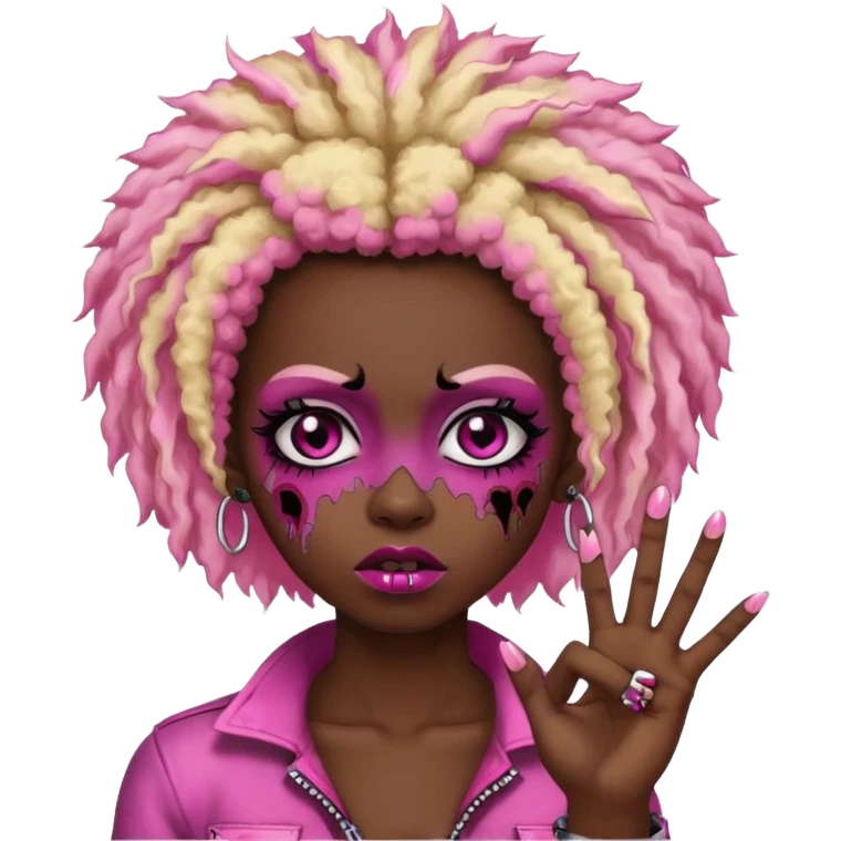 girl, zombie,pink and blonde afro, medium long, emo, shaggy, dark, spooky,double eyebrow dermal piercing, two fingers up emoji