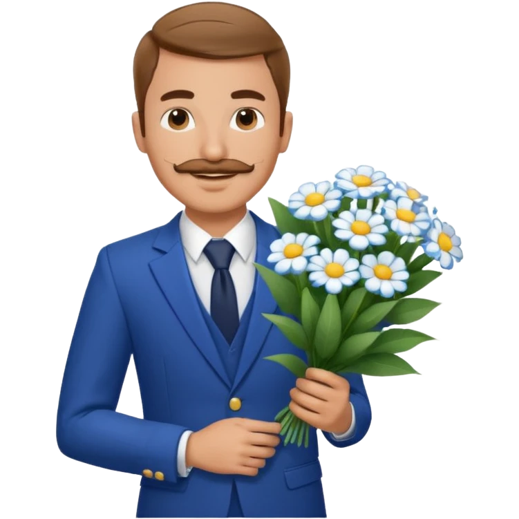 Homme 23 ans léger bouc moustache en costume bleu chemise blanche insigne cabin crew portant bouquet fleur blanche souriant  emoji