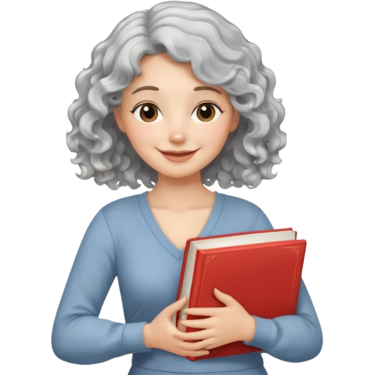 Silver hair, wavy/curly hair chin-length lady giving hug with 2 arms,  v-neck and smiling, add a favorite book emoji