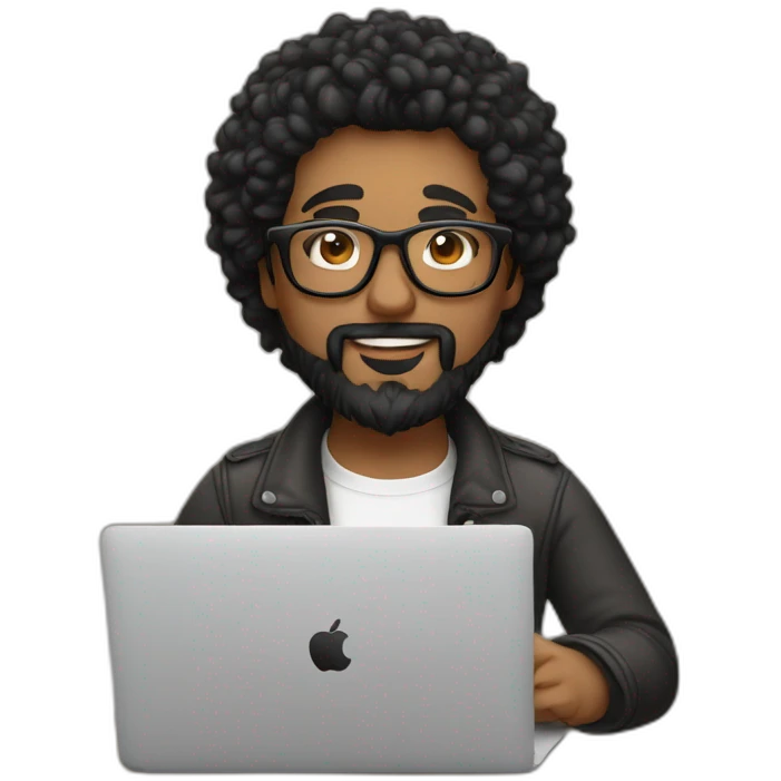 Designer with black hair, beard and glasses working with MacBook and drinking cappuccino  emoji