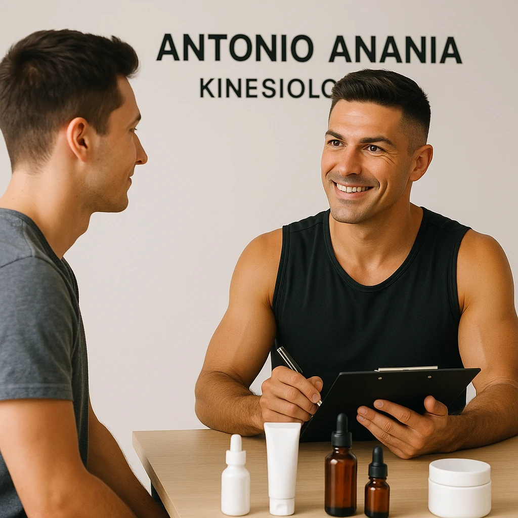 Create a realistic image of a young man visiting Antonio Anania, a kinesiologist, for a kinesiology consultation about cosmetic products. Antonio Anania should resemble the person in the reference photo. Show a professional and positive studio scene with visible cosmetic products. emoji