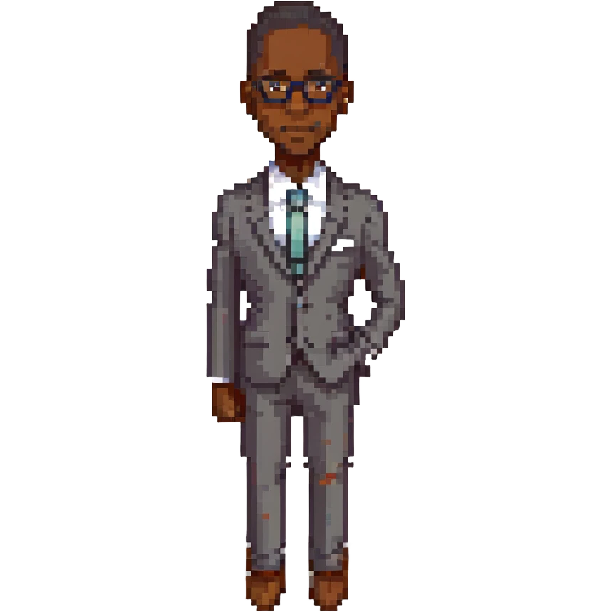 A dark-skinned man in a suit with glasses, full-length emoji