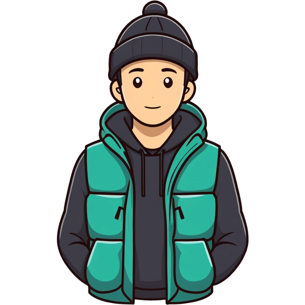A guy in a hat, black hoodie, and a puffer vest emoji