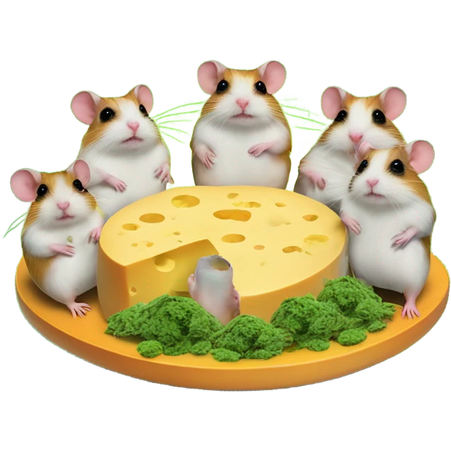 alien hamster cult with cheese and weed on ufo emoji