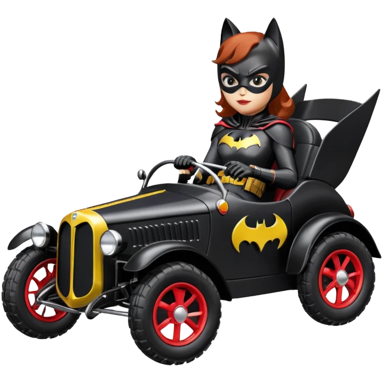 Hot racing action BatGirl’s sixty’s tv show 1932 stealth retro cat burglar sporty petite off-road pursuit mobile cruiser car (reclined and relaxed seating position and attitude) emoji