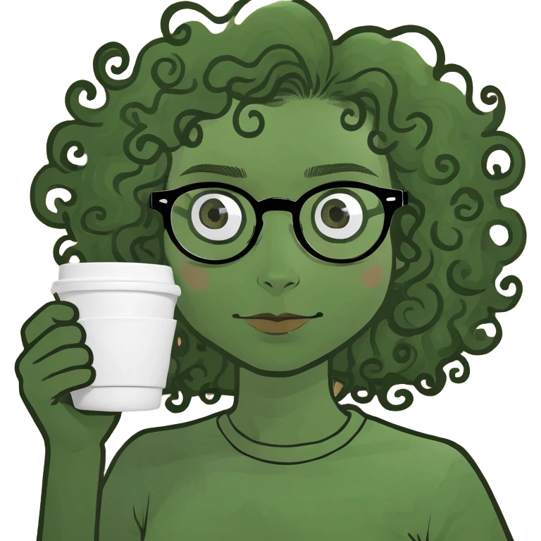 Tanned girl with curly hair and glasses with a cup of coffee emoji