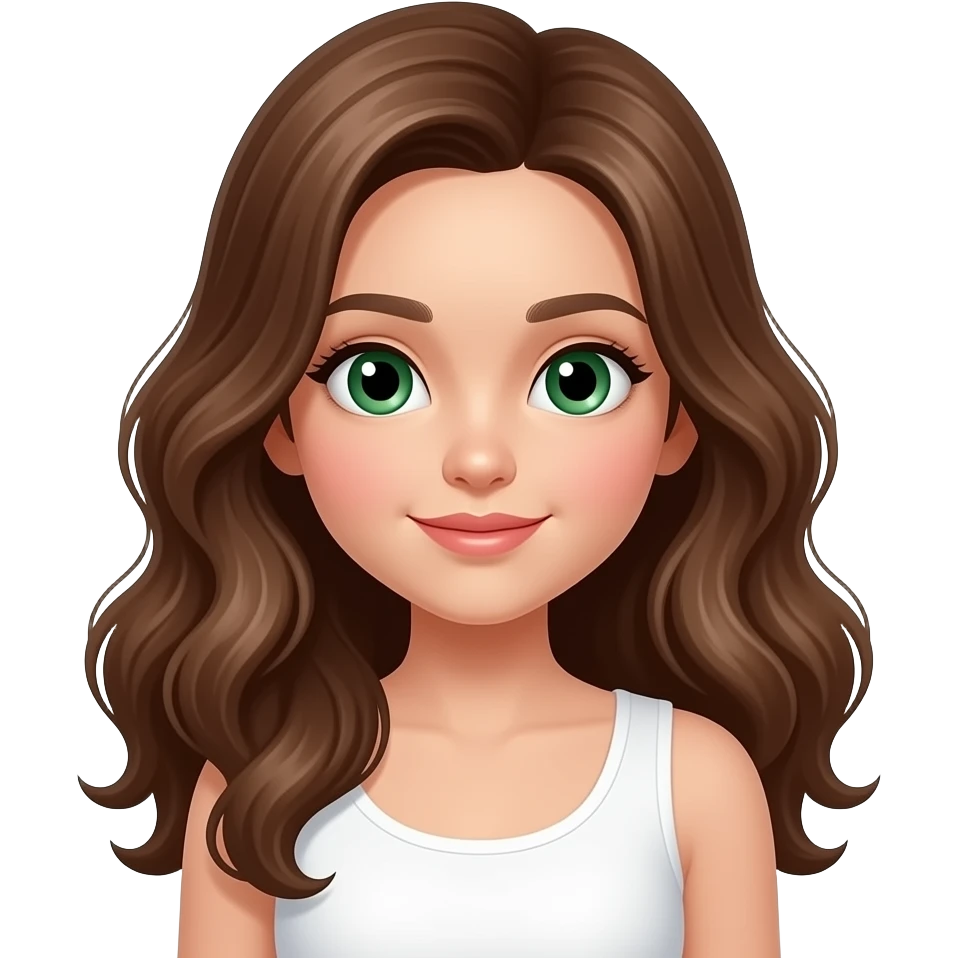 CUTE GIRL WITH WAVEY LONG BROWN HAIR AND GREEN EYES IN CUTE WHITE TOP emoji