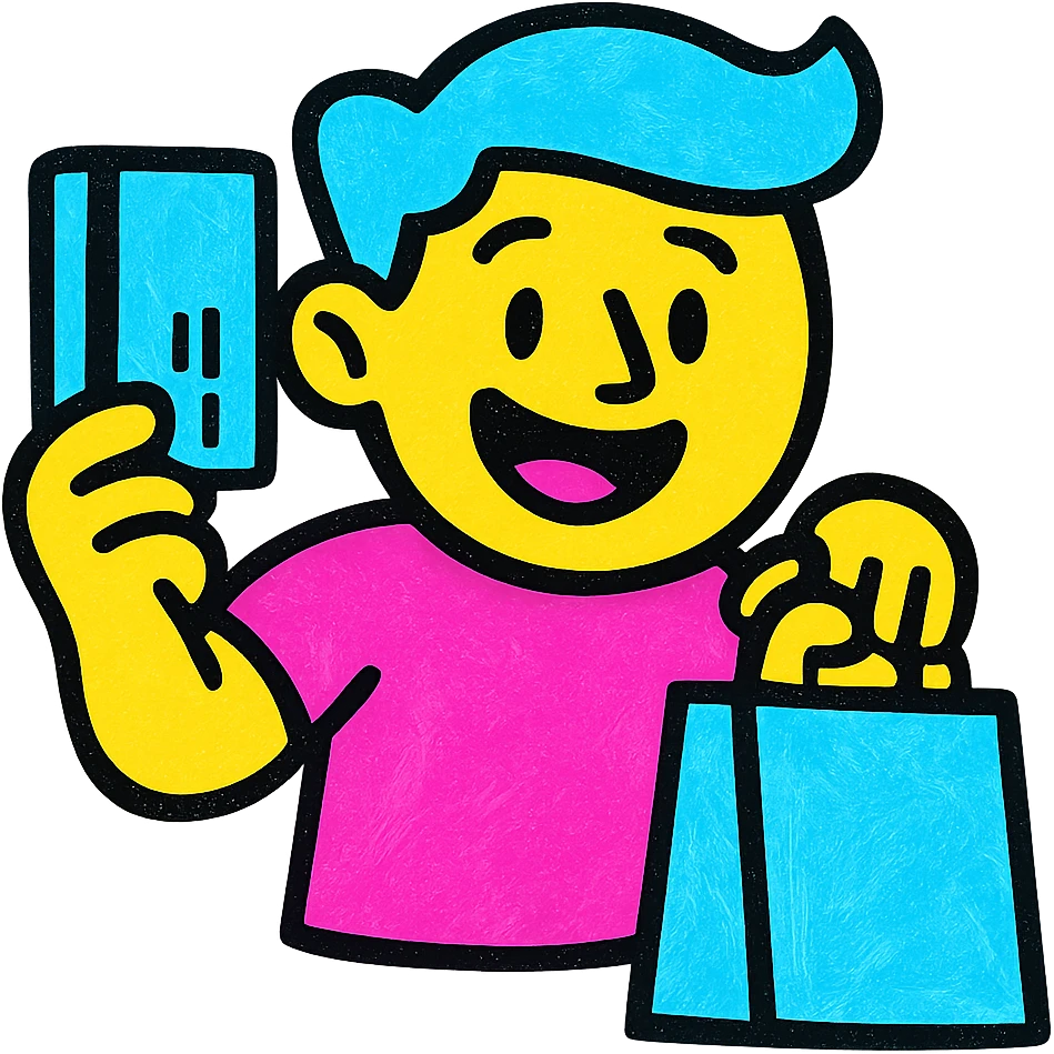 a cheerful guy with a credit card and a shopping bag, vibrant colors emoji
