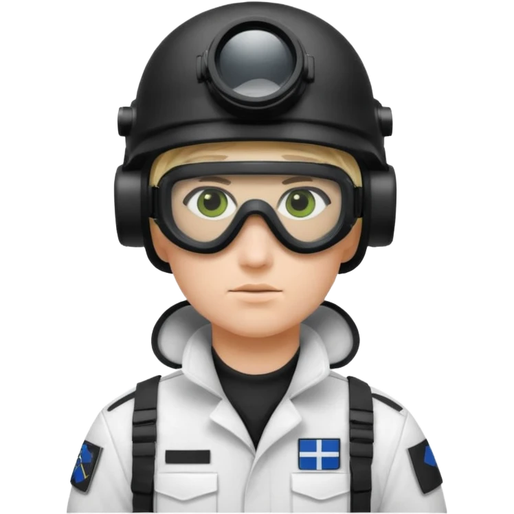 A Finnish modern soldier in a white snow uniform. with black night vision goggles emoji