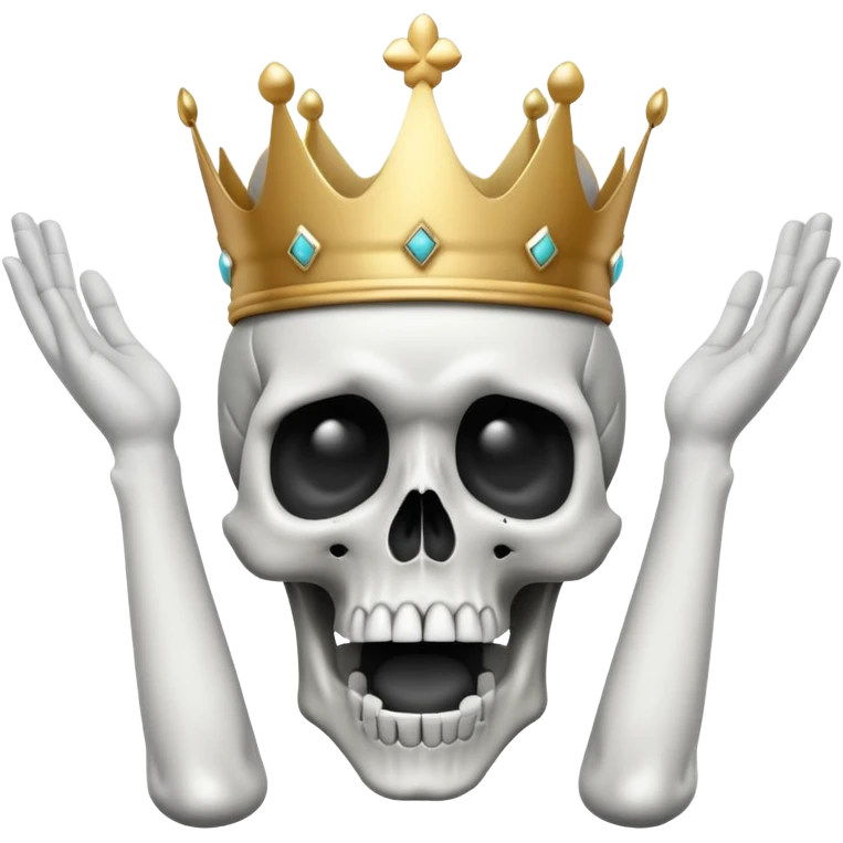 A shocked skull with a crown on top, both hands raised pressing on its head in disbelief, black and white emoji