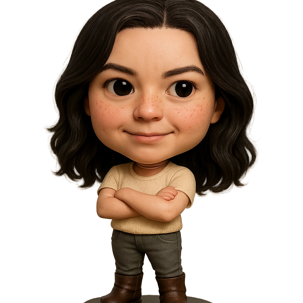 Make the Funko Pop style figure more realistic with detailed hair and clothing. The expression should be mischievous and playful, with no mouth visible. Arms crossed. Clothing: cream top, gray bottoms, dark brown boots. Slightly rosy cheeks and very light freckles. Dark hair. Transparent background. emoji