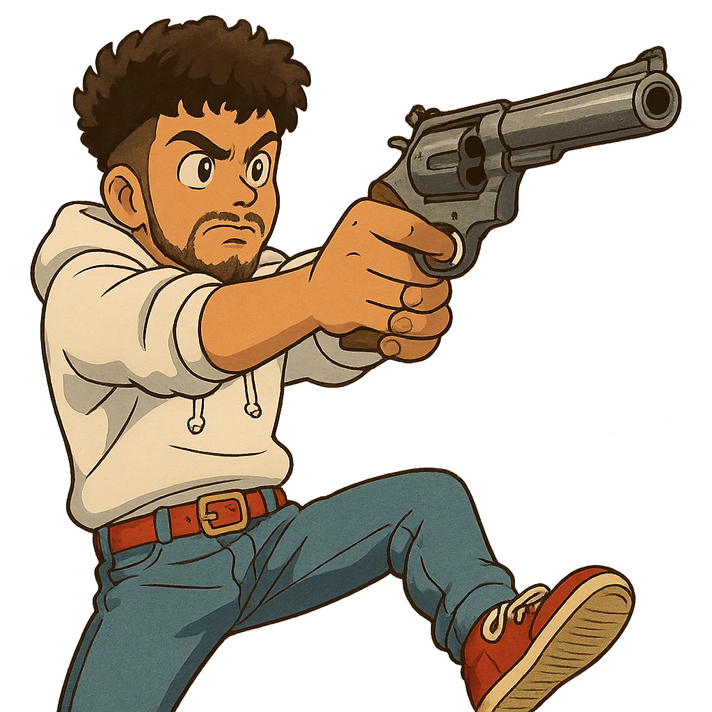 1 male, mid fade haircut dark chestnut brown curly hair, toasted lightskin, white hoodie sleeves up, fashion jeans, red fashion-sneakers shoes, red belt, short trimmed beard and goatee,  style of deku from "my hero academia", drawing a magnum revolver like dirty harry, twtich emote emoji