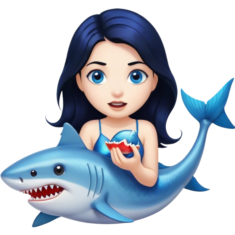 A blue -eyed mermaid with black hair that is eating a shark emoji