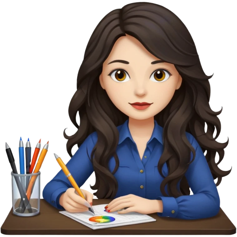 female dark wavy long hair graphic designer , color wheel, pens, papers , desktop emoji