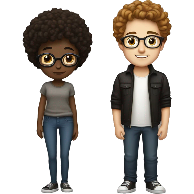 Couple of boyfriends, girl with brown hair with black glasses white skin, boy with curly brown hair white skin emoji