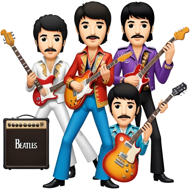 Rock music icon: dynamic collage of global rock legends like The Beatles, Jimi Hendrix, Elvis Presley, Freddy Mercury and Curt Cobane, surrounded by guitars, amplifiers, and stage lights. Symbolizing the energy and power of rock music. Transparent background. emoji