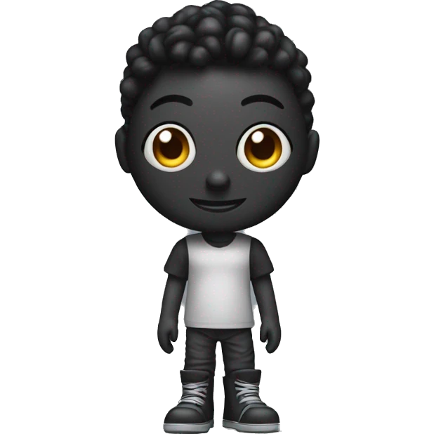 Create an image of an animated black character resembling a collectible vinyl toy. The character is humanoid with a robotic texture and oversized, glossy eyes that give it an expressive, emoji