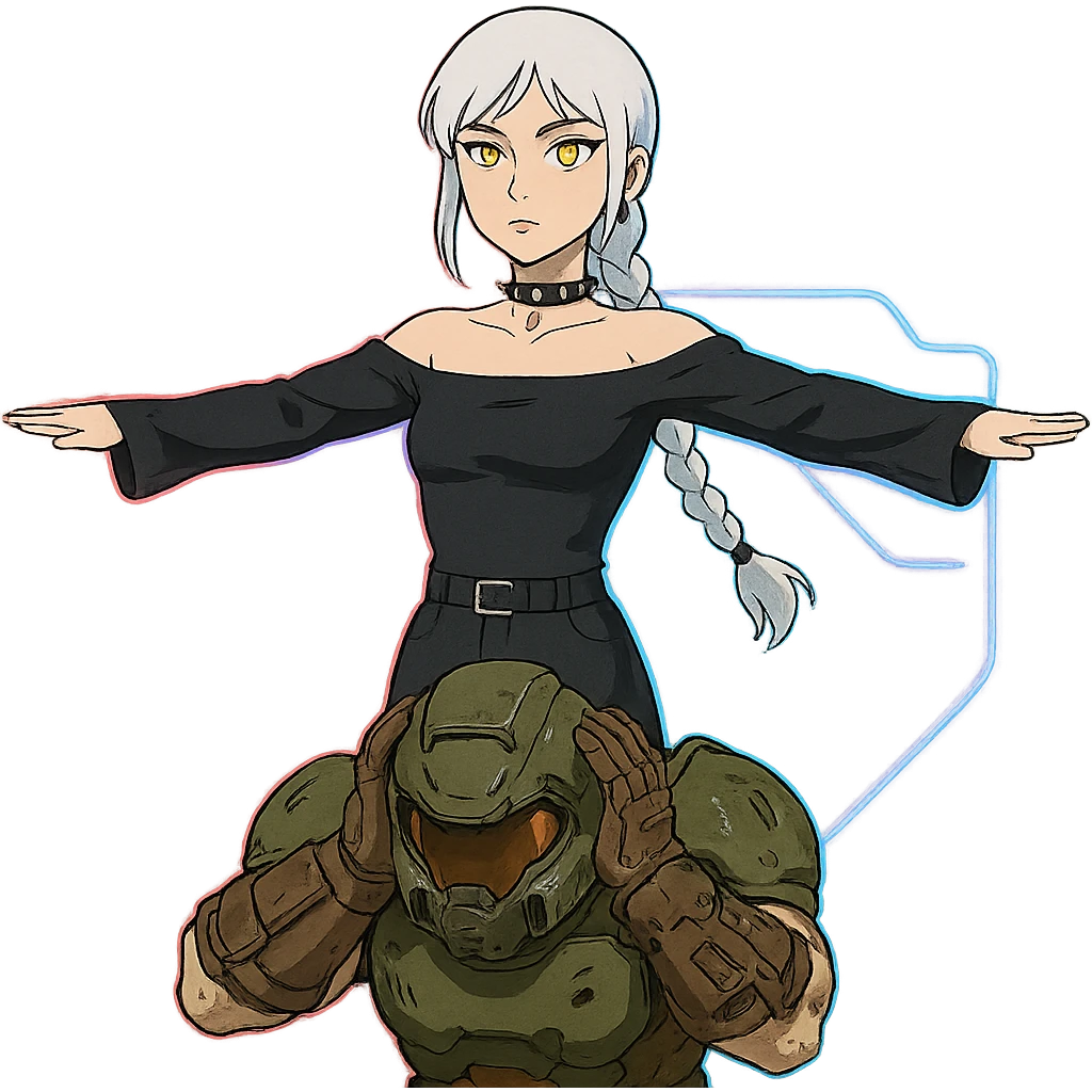  young woman with gold yellow eyes, white hair, long braid, black off-shoulder top, punk gothic style, futuristic cyberwave cyberpunk,, she is calmly t-posing above a cowering doomguy emoji