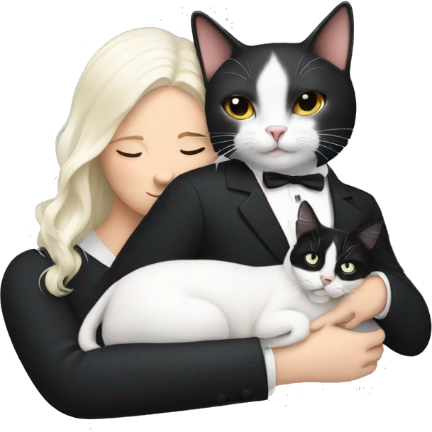 White lady snuggling with a tuxedo cat  emoji