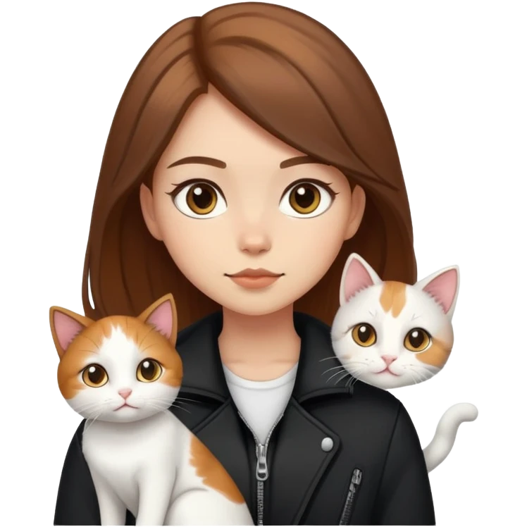 Light-skinned girl with brown hair wearing black jacket with white cat and calico cat emoji