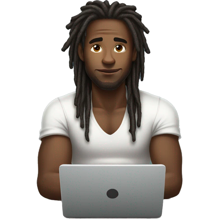Black-guy-with-dreads-wearing-white-vest-sitting-down-on-floor-facing-foward-focused-on-laptop-computer emoji