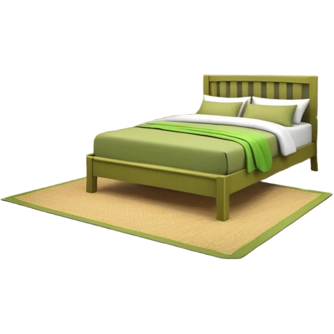 Olive green walls, wooden bed with green bedding, various plants, wooden closet emoji