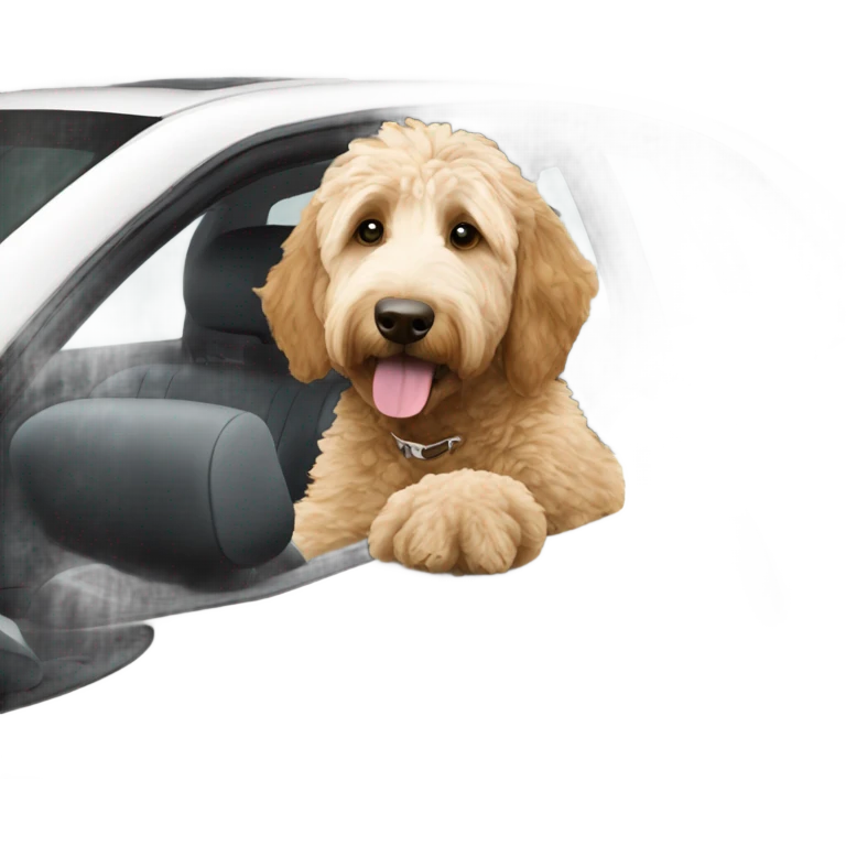 Goldendoodle driving a white car  emoji