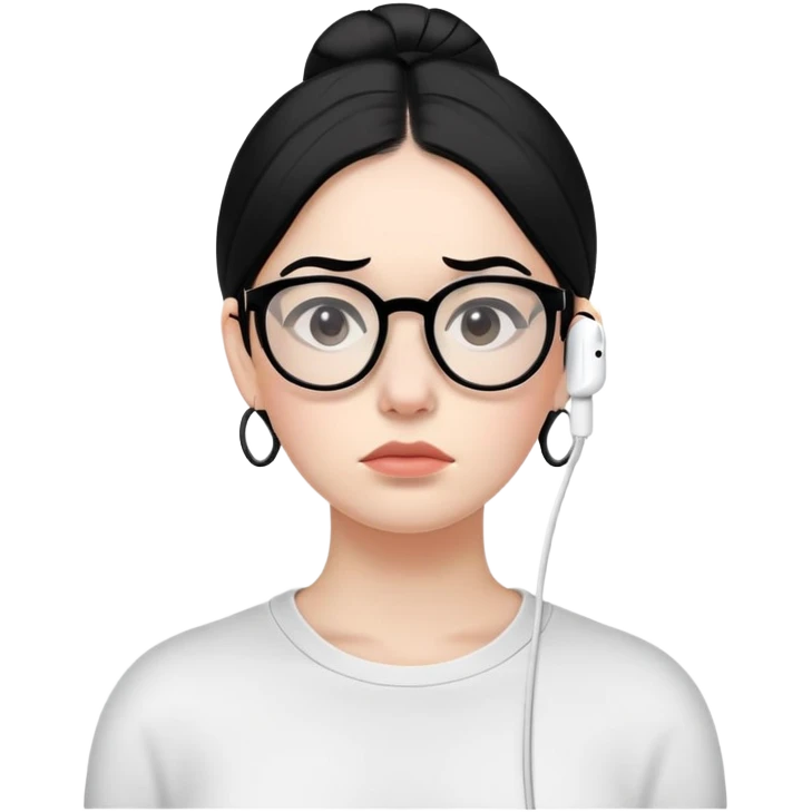 "- Nữ
- 30 tuổi
- Da trắng
- Tóc đen
- Đeo kính, đeo airpod
- Mặt buồn
" emoji