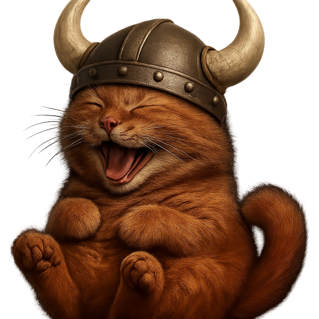 Make this laughing red viking cat more realistic with detailed fur and natural cat features. The cat should have a realistic horned helmet, remain red, and be laughing. Remove the background. emoji