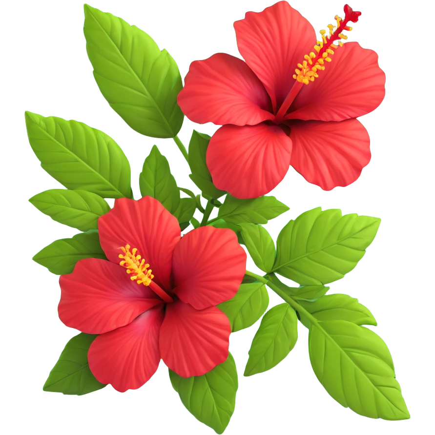 Detailed red hibiscus flower with green leaves and distinctive long stamen emoji