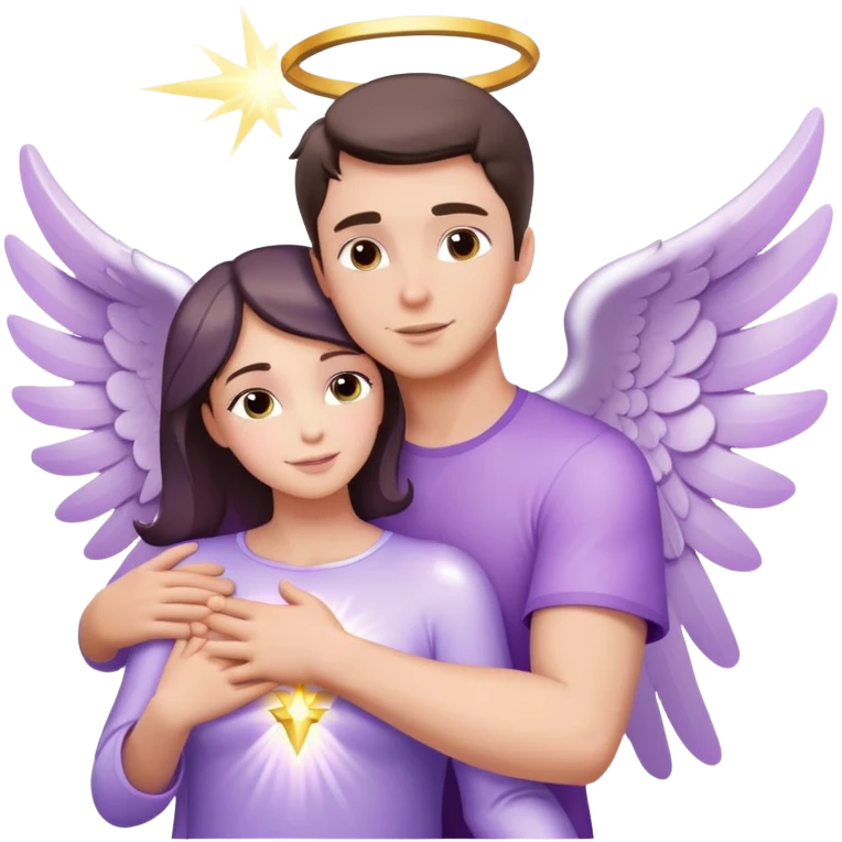 White brunette man human rays of light hugging a pastel purple angel woman emoji