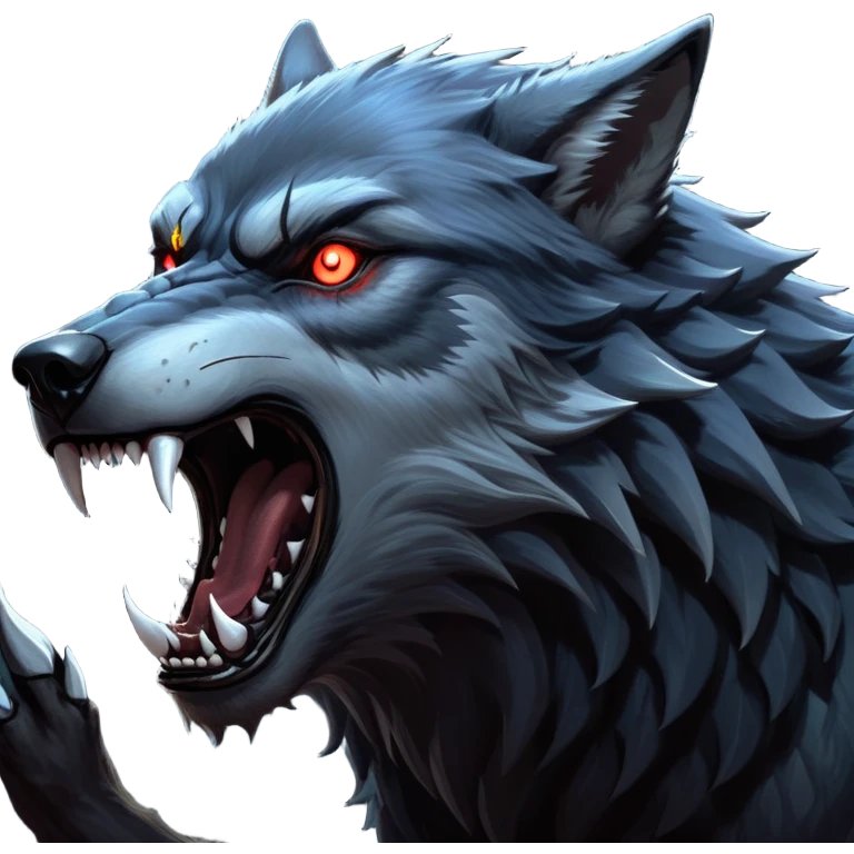 cinematic-noble-fierce-werewolf-howling-portrait-emoji, poised-and-imposing, with a fierce wolfish face tilted upwards in a haunting howl, glowing eyes full of primal ferocity, sharp, elongated fangs bared, and a rugged snout, fur rippling in shades of midnight black and silver, muscles tensed as the powerful howl echoes beneath the moonlit sky; rendered with realism, capturing the raw, untamed power of the beast in its wild, primal state emoji