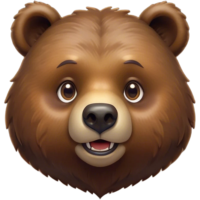Cinematic Cute Grizzly Bear Portrait Emoji, Head tilted playfully and inquisitively, featuring a dense, rugged deep brown fur with a gentle, curious expression in round, sparkling eyes, Simplified yet irresistibly adorable features, highly detailed, glowing with a warm, friendly glow, high shine, affectionate and surprisingly gentle, stylized with a touch of wild whimsy, bright and endearing, soft glowing outline, capturing the essence of a mischievous yet loving bear, so playful it feels like it could amble out of the screen and into your arms! emoji