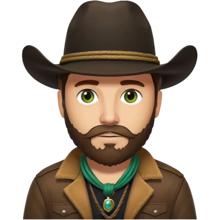 yellowstone ranch cowboy with brown beard, black cowboy hat with black rope and no jewel, black t-shirt, leather tan jacket, and green eyes emoji