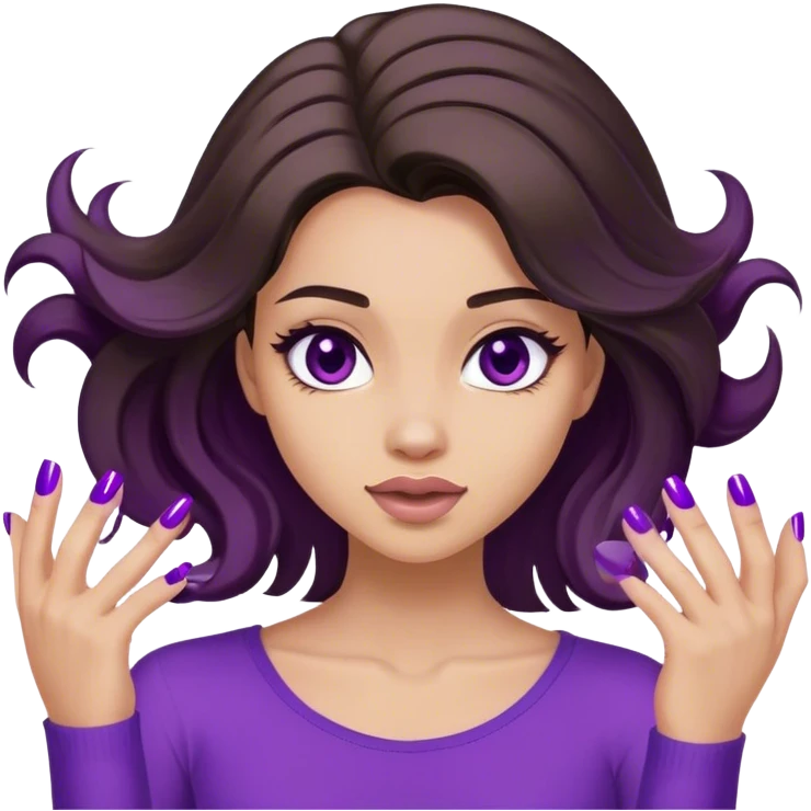 Brunette girl, flipping hair with purple painted nails ￼ emoji
