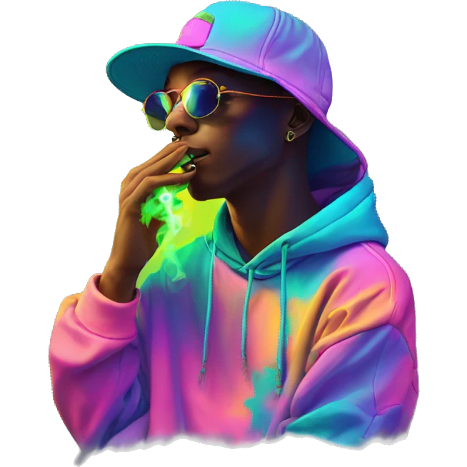 Multicoloured neon person smoking wearing hoodie dancing hip hop bucket hat tropical Skater fashion aesthetic baggy clothes graphic t shirt 420 emoji