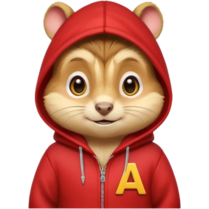 Portrait of a cartoon chipmunk with light brown and beige fur, wearing a red hoodie with a yellow 'A' on it, big round eyes, small nose, and a mischievous grin, front-facing, stylized in animated movie style emoji