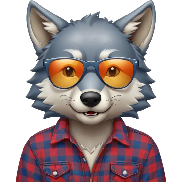 head and shoulders friendly anthropomorphised wolf in plaid shirt and jeans, wearing dark sunglasses, relaxed pose emoji
