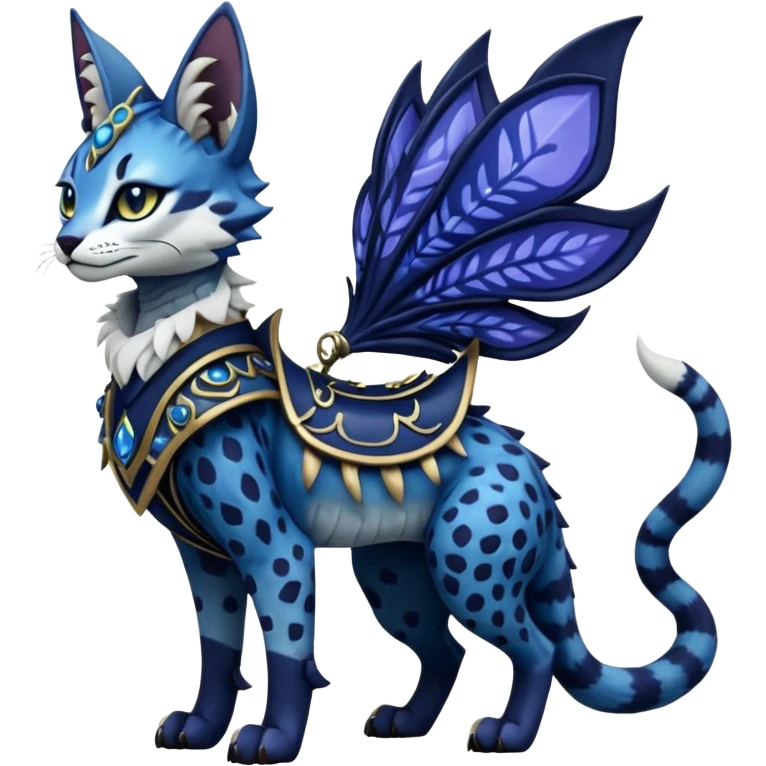 Epic complex knightly divine glorious futuristic detailed dark dusky gloomy deep gothic indigo, realistic Fakémon-Sprigatito-Floragato-Meowscarada-Trico-Sergal-Serval-Vernid-creature (full body) emoji