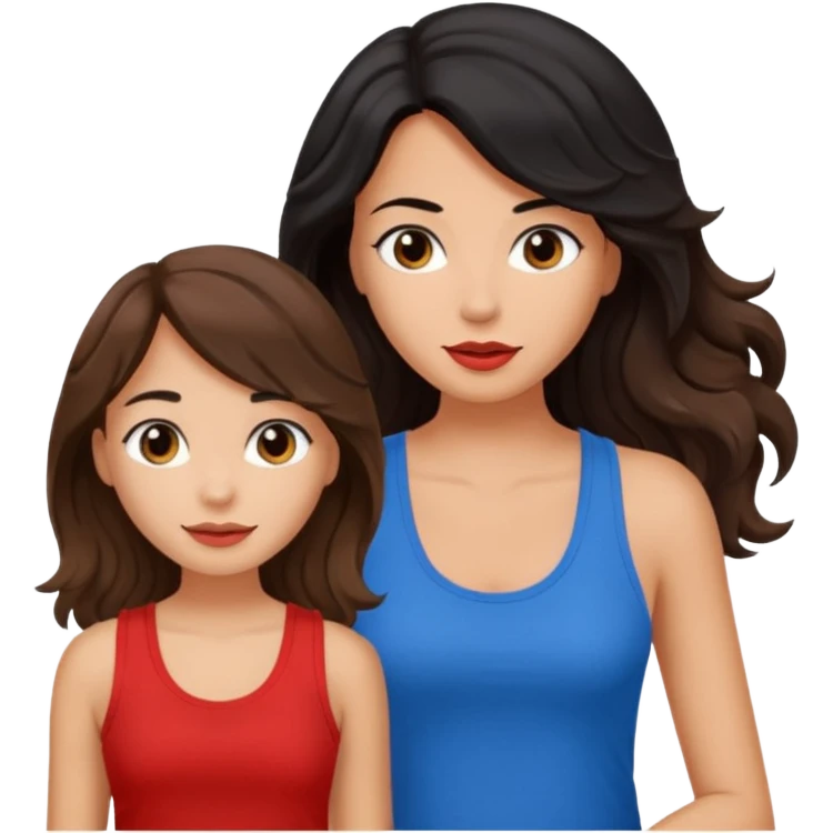 generate a pretty tan bratz girl with brown wavy hair long wearing a red tank top talking to a girl with black hair emoji