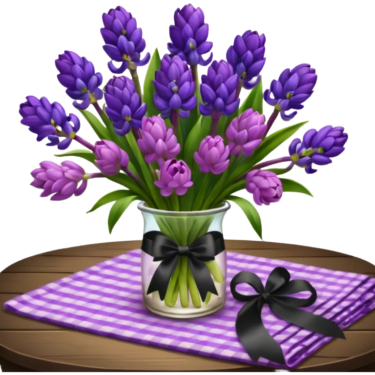 A lush bouquet of bright prple color Hyacinths black satin ribbon, resting on an antique wooden table, with a pale yellow and pink plaid pattern table cloth emoji