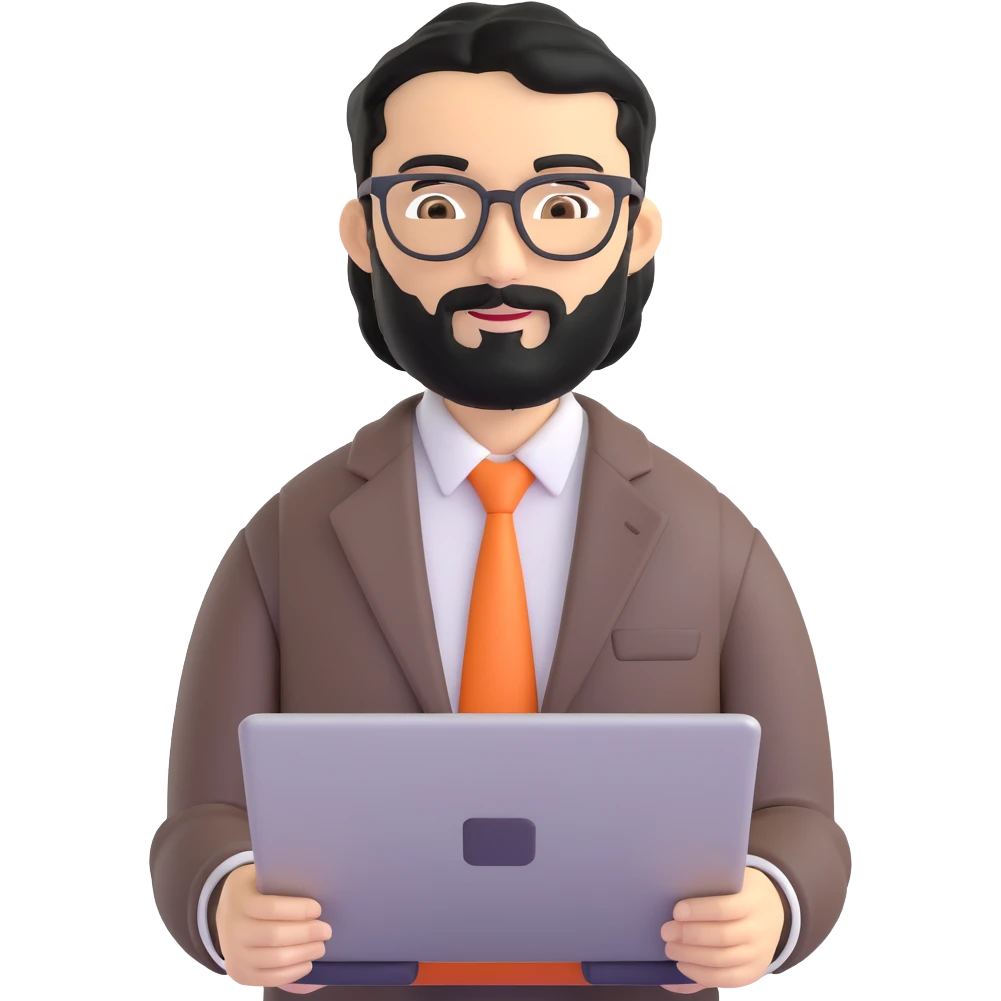same professional man with medium black beard, neat black hair, connected unibrow, olive tan skin, brown eyes, glasses, prominent nose, in business casual attire, holding laptop under arm emoji