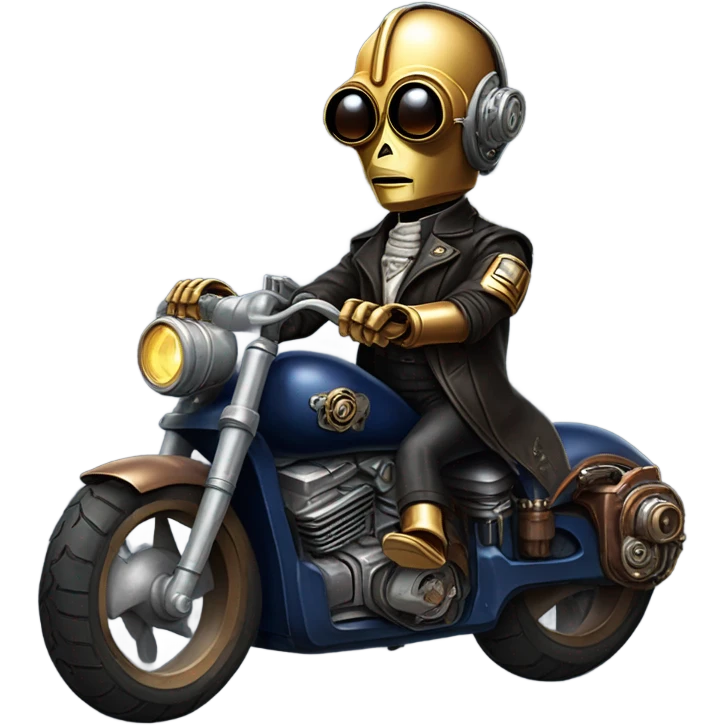C-3PO wearing a pair of navy-blue rimmed sunglasses, hat, leather chaps, fringe jacket riding a steampunk motorcycle on ice  emoji