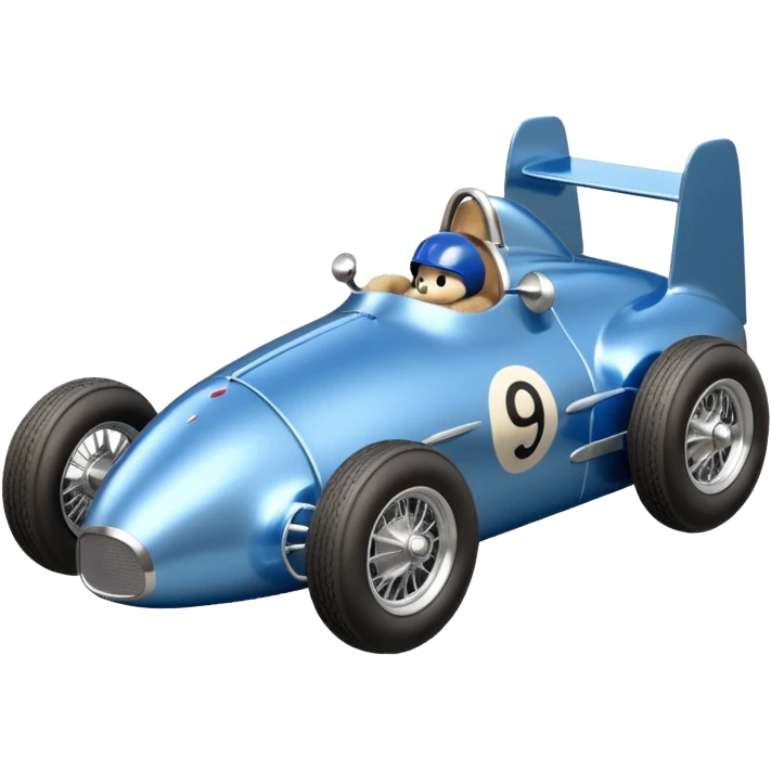 Metallic blue and lightly chrome-accented Antique-looking  kid-sized race car for teddy bear with custom aero body and rear wing emoji