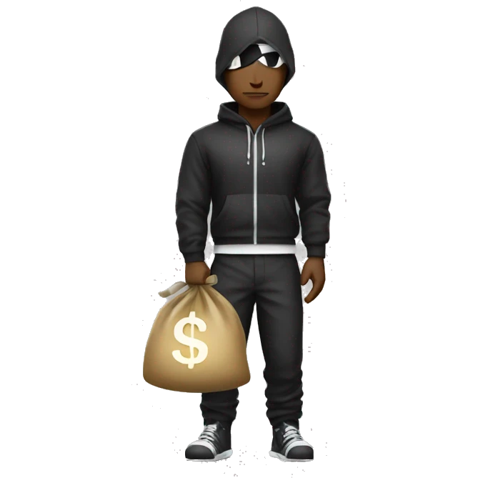 Thief with black and white strapped clothes and a money bag behind him emoji
