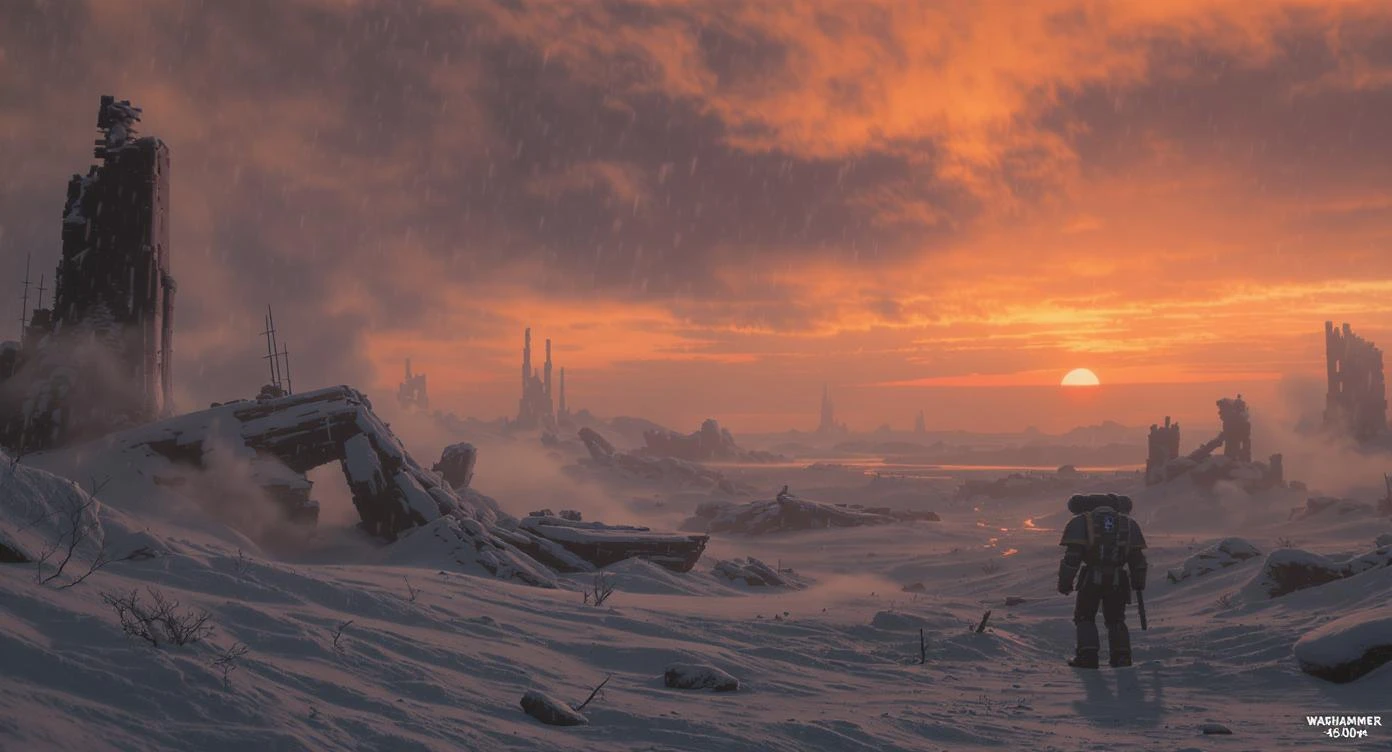 Cinematic, documentary photography, establishing shot, Warhammer 40.000 new title, in the style of snow scenes, ARRIFLEX 35 BL Camera, Canon K35 Prime Lenses, ethereal landscape, 70mm, dedication, Sunset, warm and vibrant colors, dedication emoji