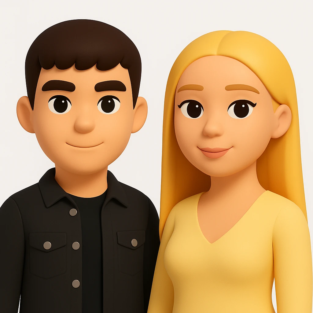 In the style of 3D Emoji, slightly increase the volume of the upper body of the girl, separate the girl and the boy from each other, and make the skin color the same for both characters. The style should reflect the Microsoft style 3D fluent emojis with concise and clear features. emoji