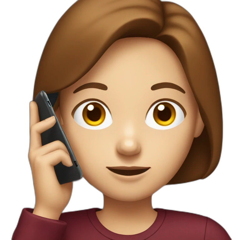 Young woman with brown bob hair with a phone in her hand in a burgundy T-shirt emoji