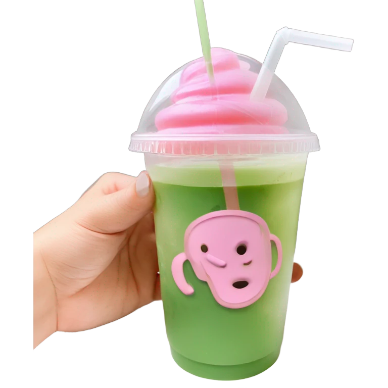 iced matcha latte in a clear plastic cup with a pink hand warmer and a pink straw  emoji
